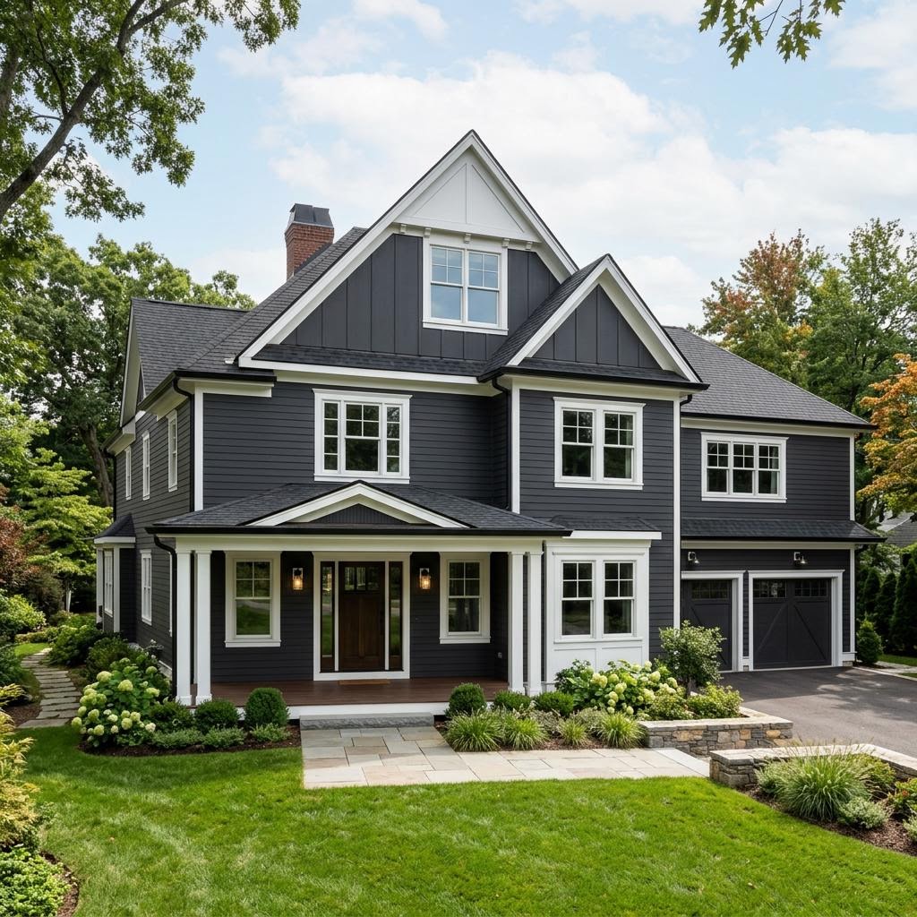 Dark bold colored LP SmartSide lap siding with white trim on a two-story home in Dallas, GA