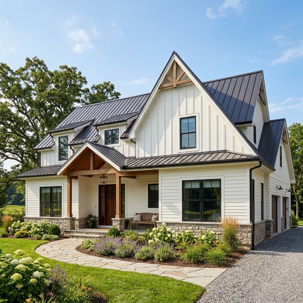 Board and batten LP SmartSide siding on a modern farmhouse in Hiram, GA